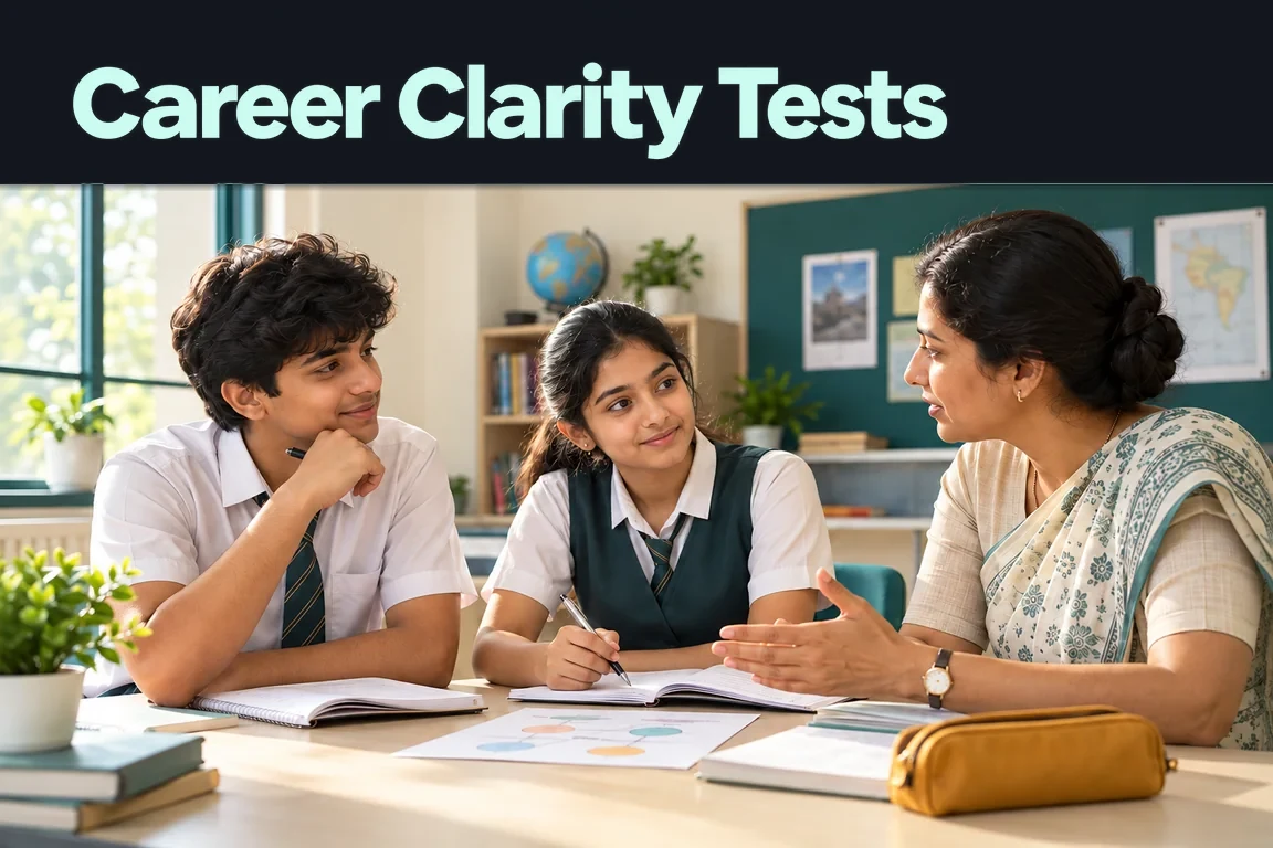 Career Clarity Tests: two students discuss study choices with a teacher.