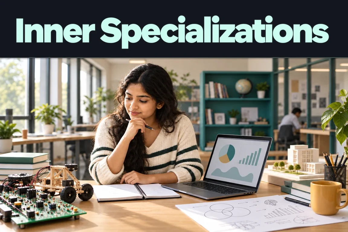 Inner Specializations: a student compares robotics, electronics, laptop charts and an architectural model at a college workspace.