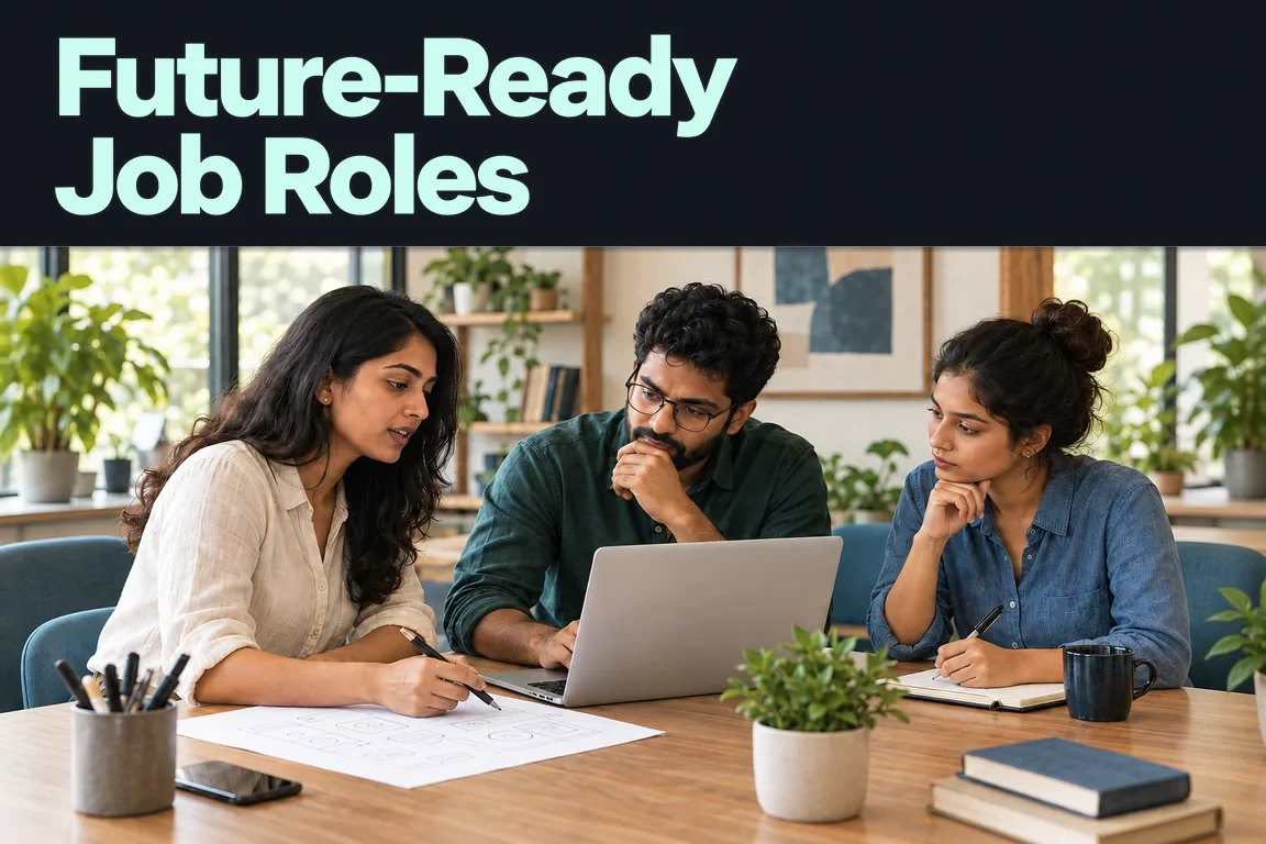 Future-Ready Job Roles: three young professionals discuss a laptop and work diagrams around a shared desk.