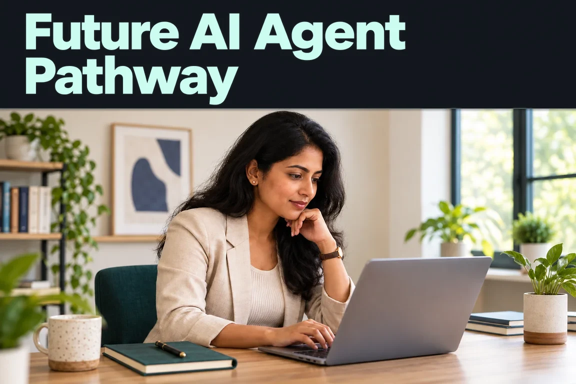 Future AI Agent Pathway: a professional in an ivory blazer works thoughtfully on a laptop in a bright office.