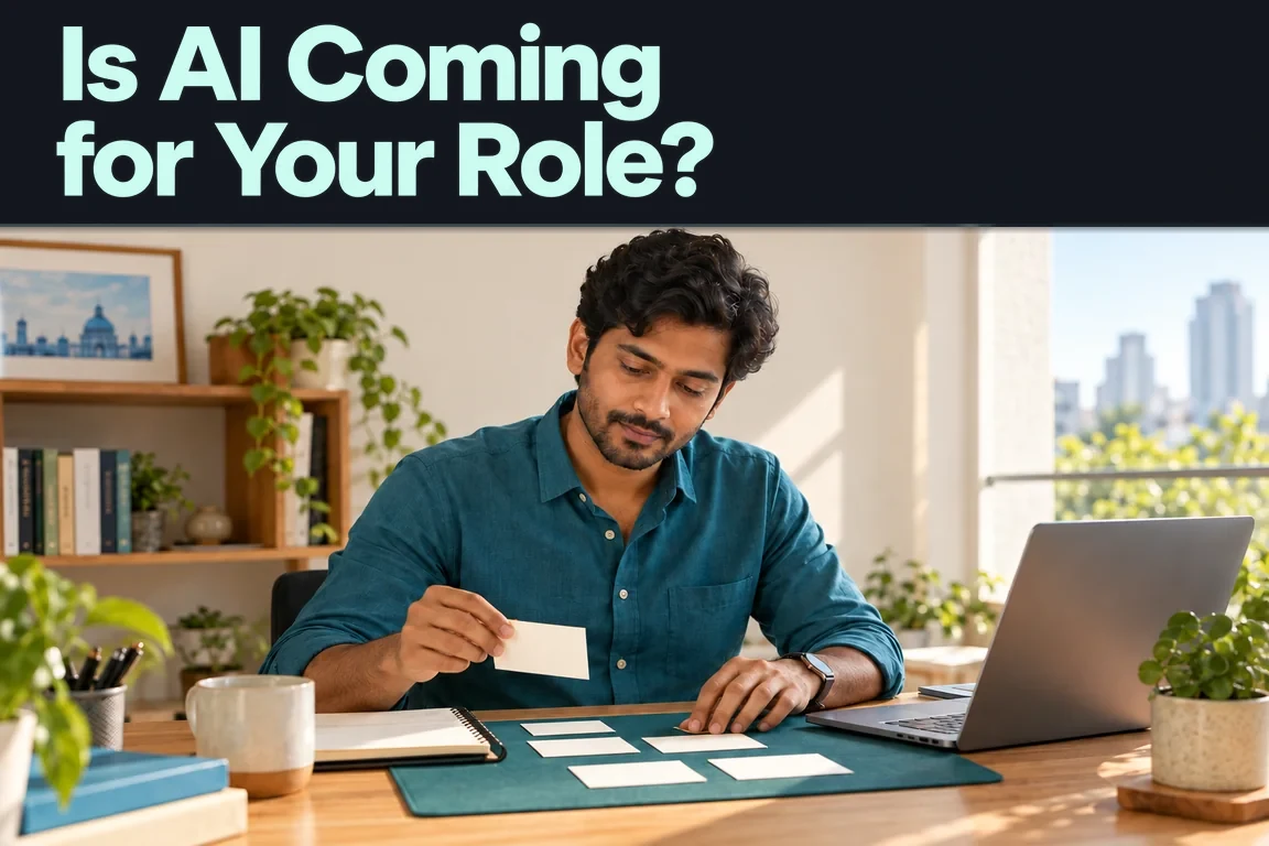 Is AI Coming for Your Role? A professional in a teal shirt sorts task cards beside a laptop at a sunlit desk.