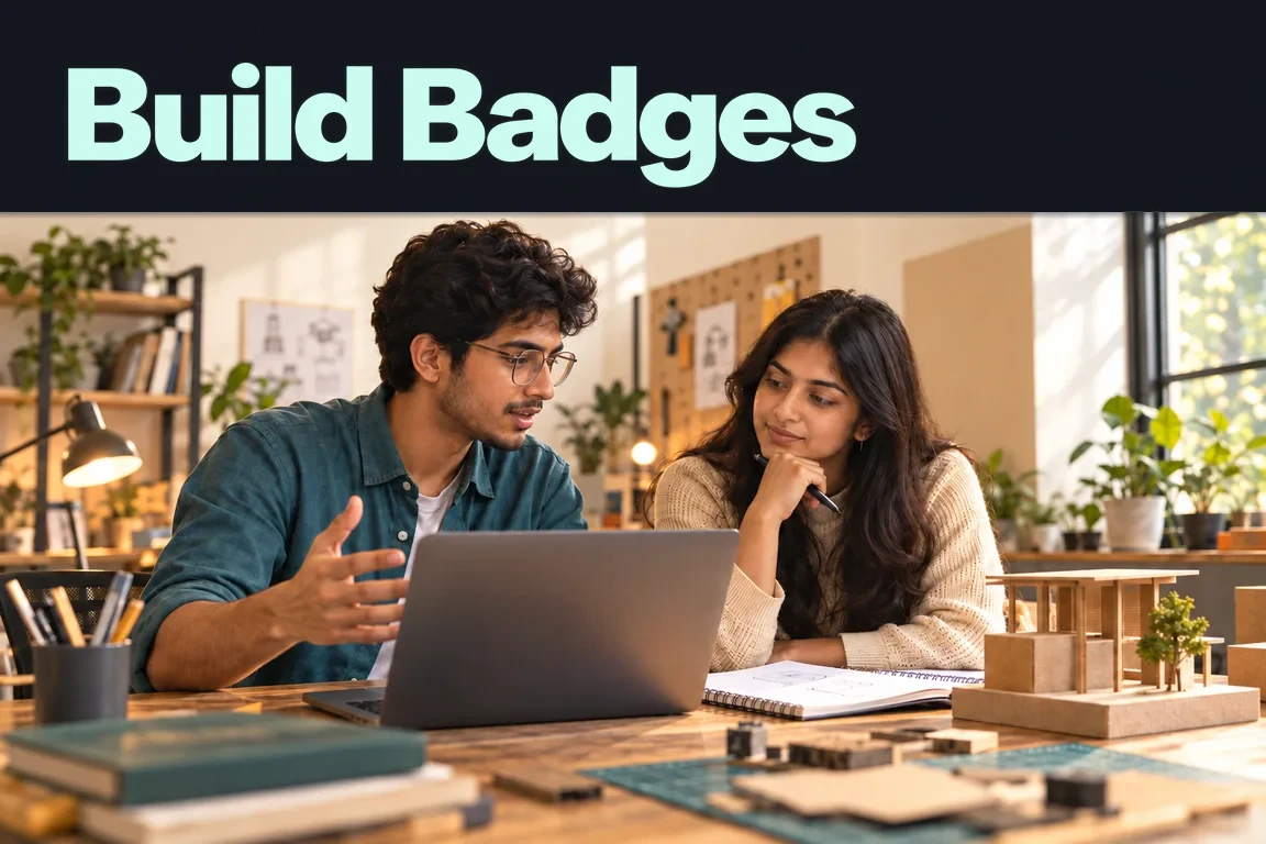 Build Badges. Two young professionals discuss a laptop project beside architectural models in a makerspace.