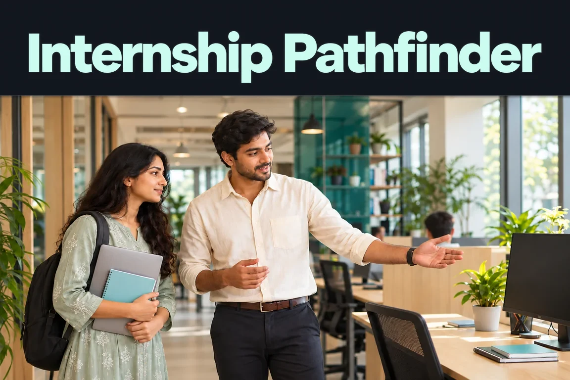 Internship Pathfinder. A guide shows an intern holding a laptop and notebook around a bright office.