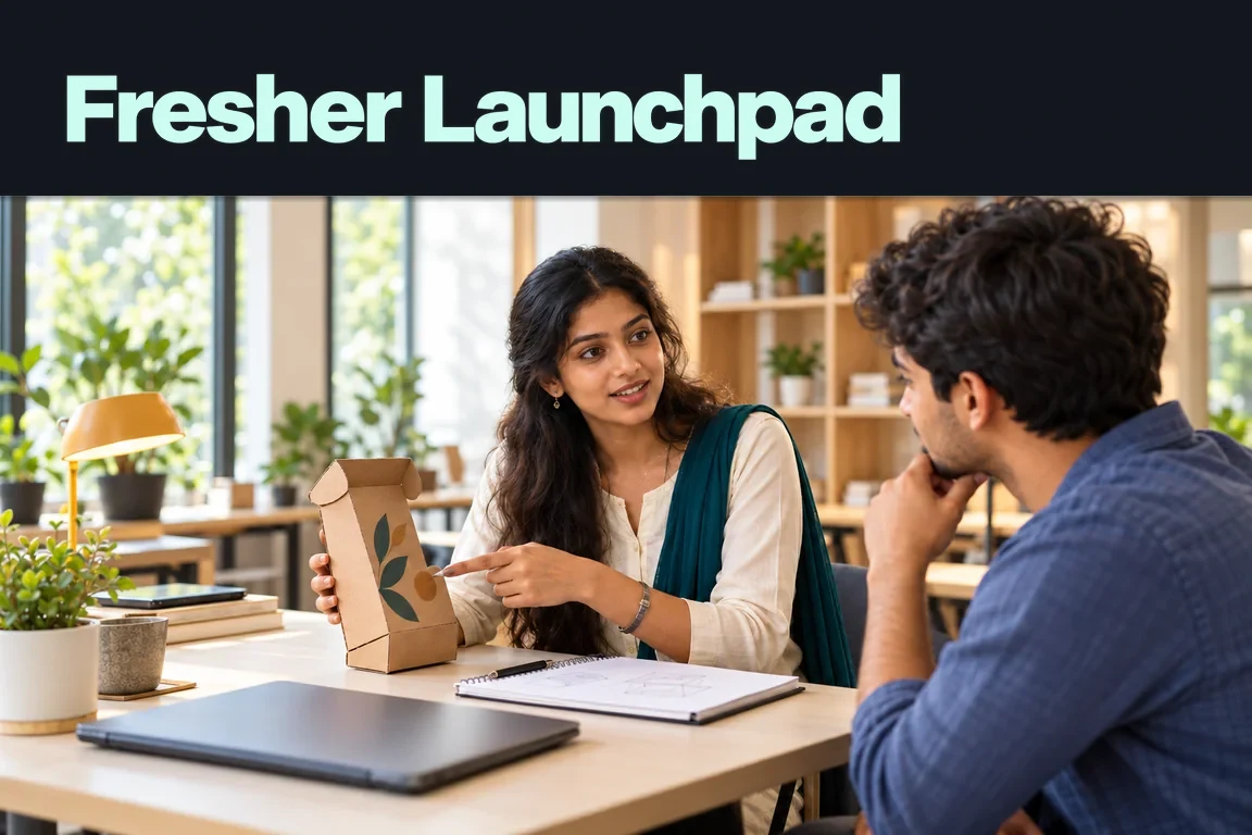 Fresher Launchpad: a young woman presents a cardboard packaging project to a colleague in a bright workspace.