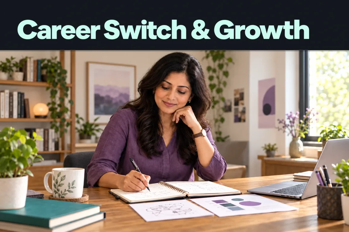Career Switch & Growth: a woman in a purple blouse plans in a notebook beside her laptop and portfolio papers.