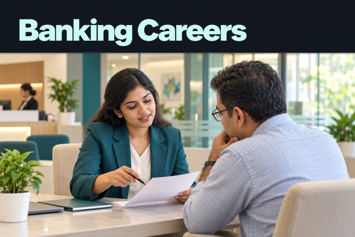 Banking Careers: a banker in a teal blazer explains paperwork to a customer across a desk in a modern bank.