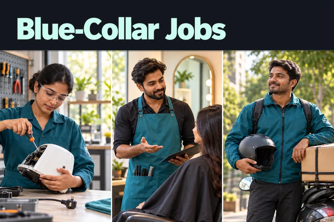 Blue-Collar Jobs: a woman repairs an appliance, a salon professional speaks with a client, and a delivery rider holds a helmet beside a parcel.