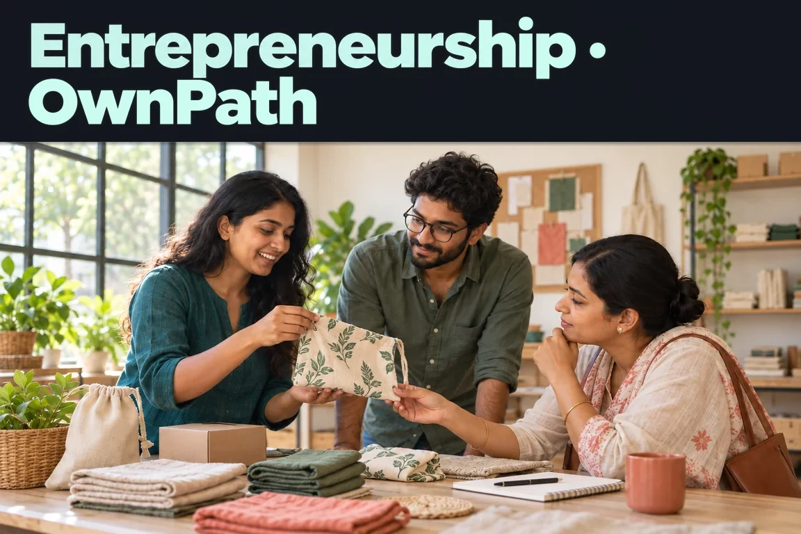 Entrepreneurship · OwnPath: two founders and an advisor examine a printed textile pouch at a product worktable.