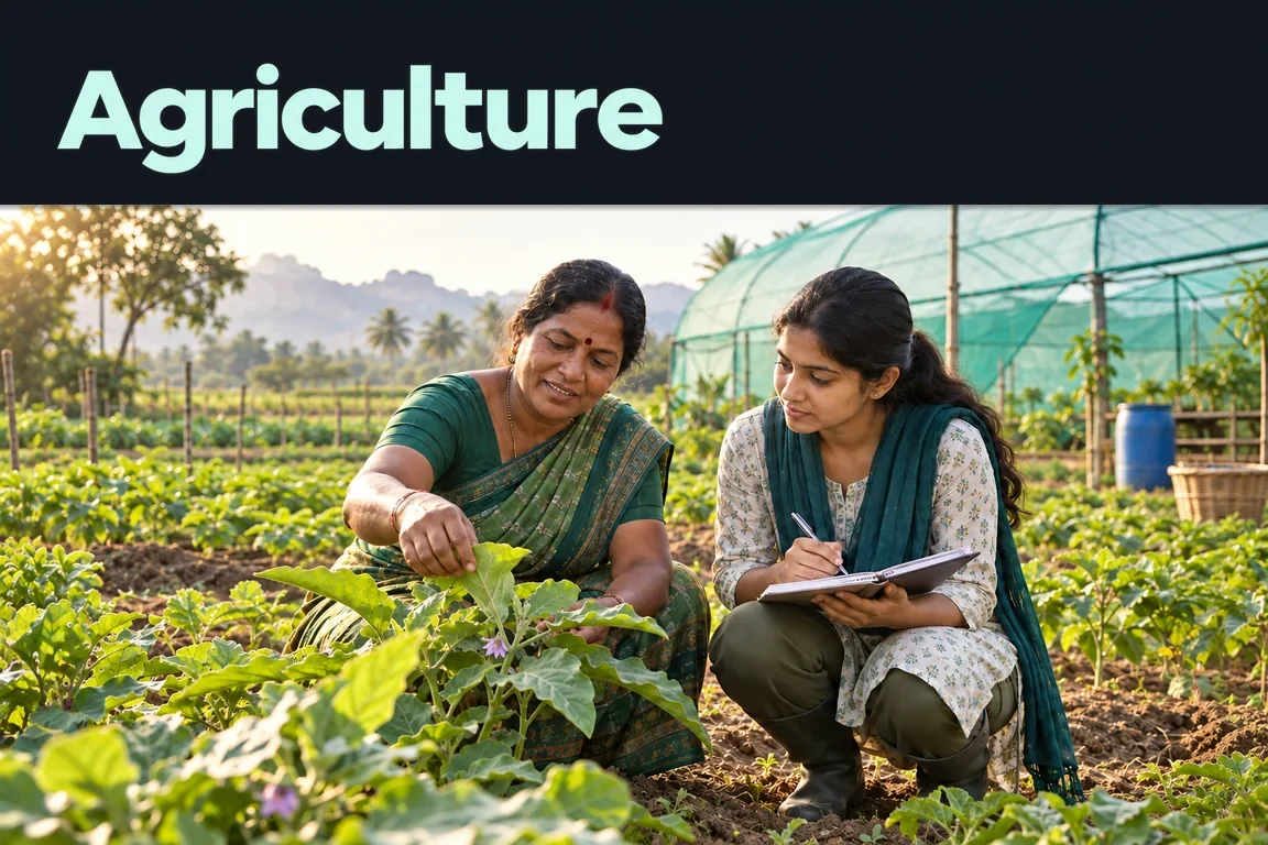 Agriculture: a farmer explains a vegetable plant to a young woman taking notes beside crop rows and a greenhouse.
