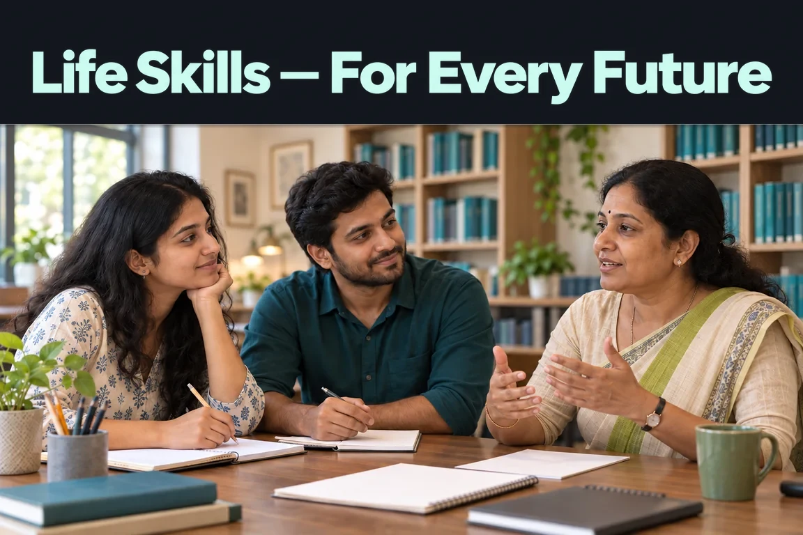 Life Skills — For Every Future: two young adults listen to a woman mentor at a library table with notebooks.