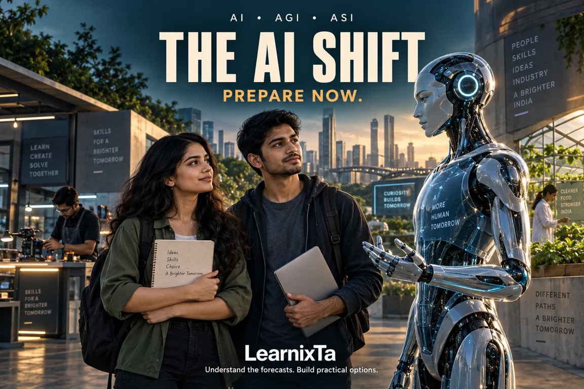 LearnixTa: The AI Shift — Prepare Now. AI • AGI • ASI. Indian young adults with a notebook and laptop face a humanoid robot in a city of workshops, gardens and skill spaces. Understand the forecasts. Build practical options.