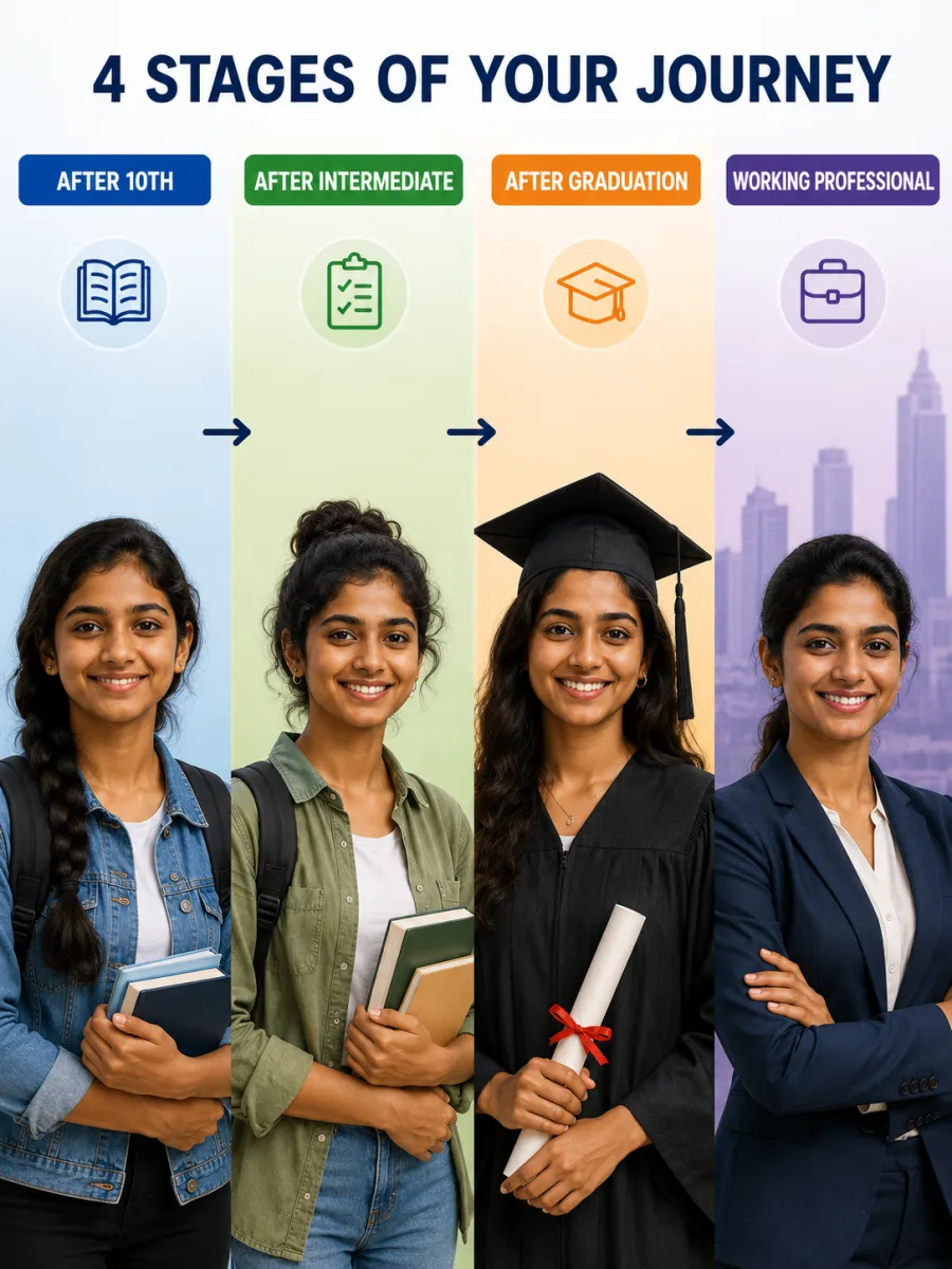 Four stages of a student's journey — after 10th to working professional