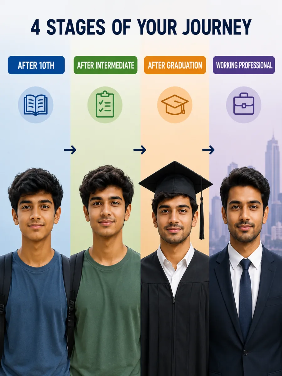 Four stages of a student's journey — after 10th to working professional